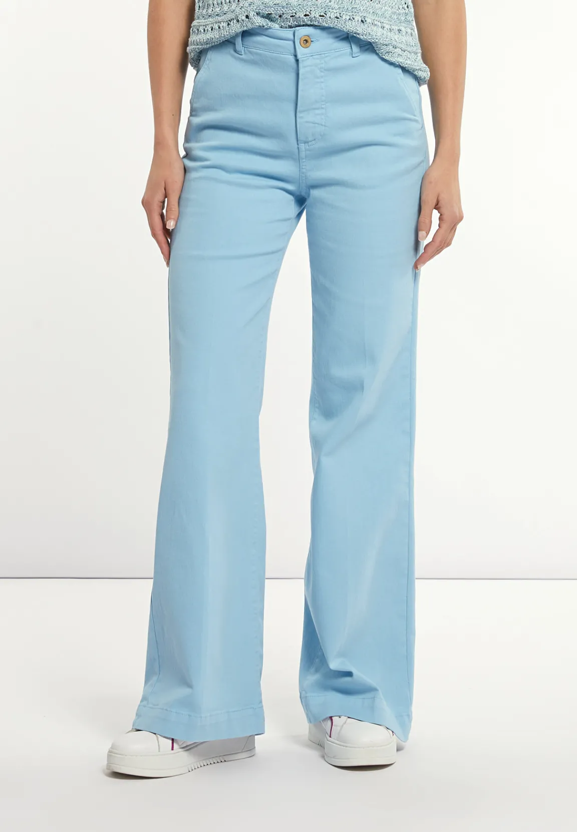 Hot River Woods Katoenen stretch broek wijde pijpen blauw -