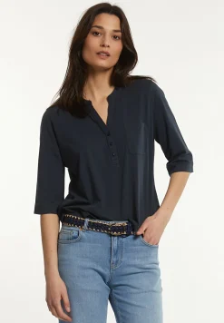 Discount River Woods Katoenen T-shirt ronde hals 3/4 mouwen borstzak navy -