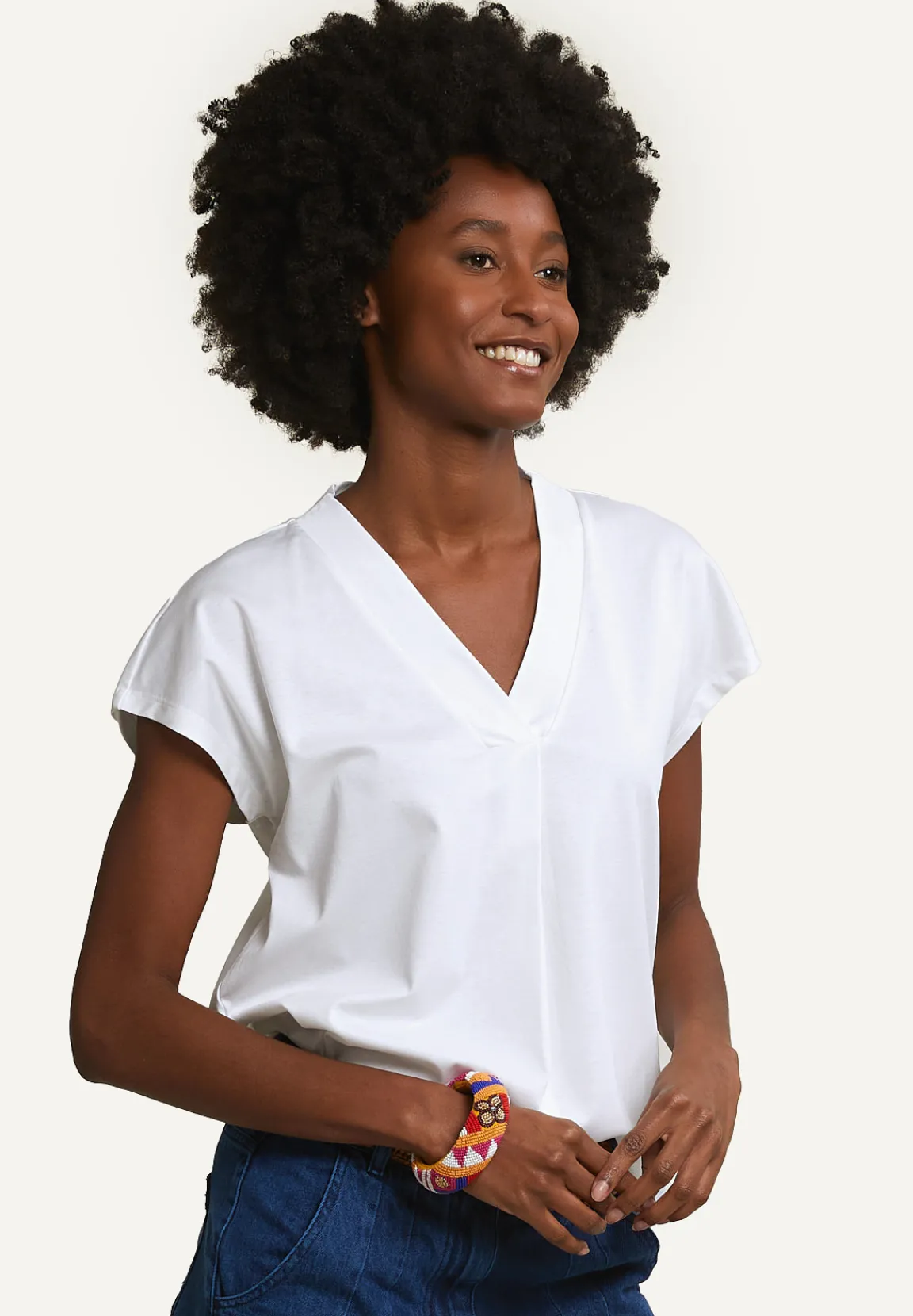 Hot River Woods Katoenen V-hals T-shirt écru -