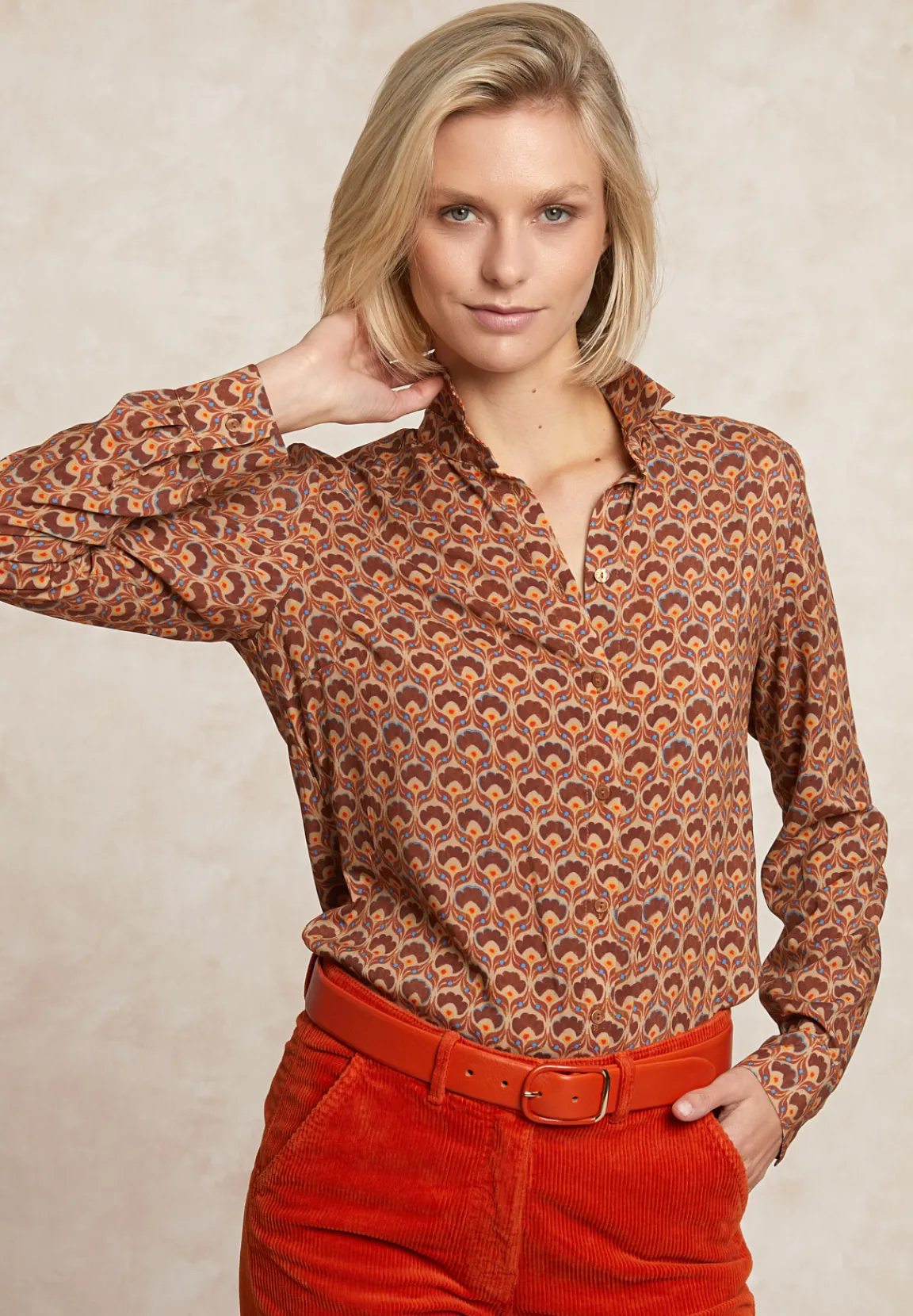 Best River Woods Klassieke fantasieblouse bruin/oranje -