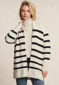 Fashion River Woods Lange gestreepte V-hals jersey cardigan opgestikte zakken écru/navy -