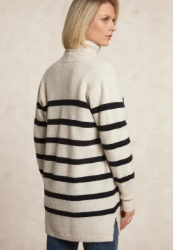 Fashion River Woods Lange gestreepte V-hals jersey cardigan opgestikte zakken écru/navy -