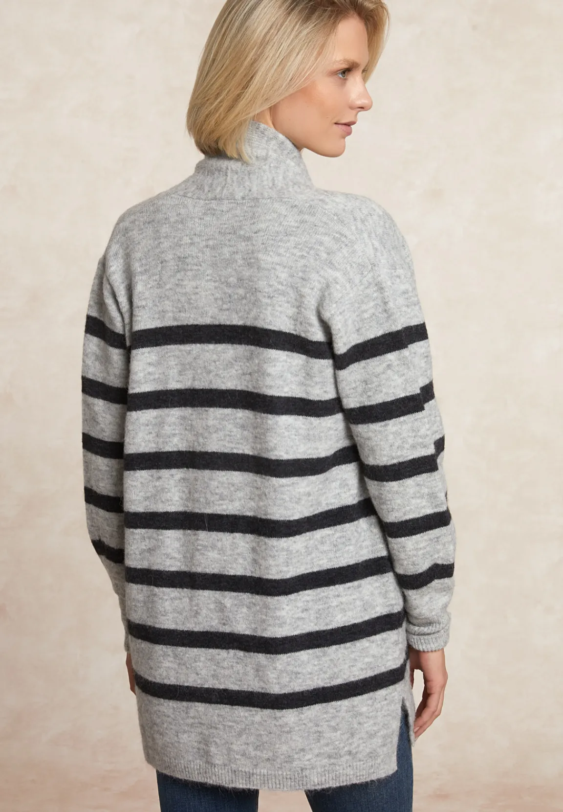Hot River Woods Lange gestreepte V-hals jersey cardigan opgestikte zakken zwart/grijs -