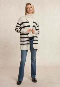 Fashion River Woods Lange gestreepte V-hals jersey cardigan opgestikte zakken écru/navy -