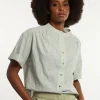 Discount River Woods Linnen gestreepte blouse korte mouwen kaki/wit -