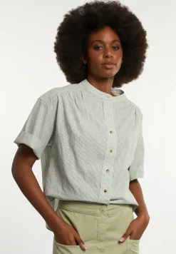 Discount River Woods Linnen gestreepte blouse korte mouwen kaki/wit -