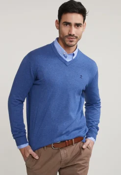 Sale River Woods Normal fit basic katoenen V-hals trui wagon blue mix -