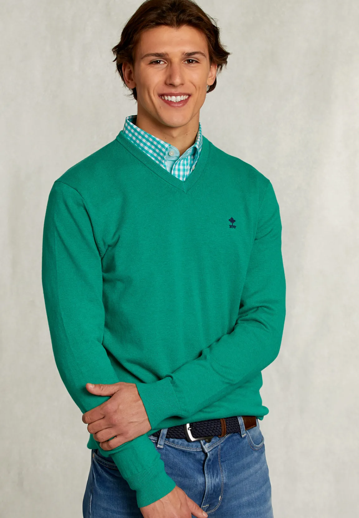 Discount River Woods Normal fit basic katoenen V-hals trui green twist mix -