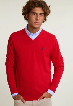 Fashion River Woods Normal fit basic katoenen V-hals trui harvard red -