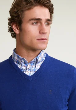 Best River Woods Normal fit basic katoenen V-hals trui royal blue mix -