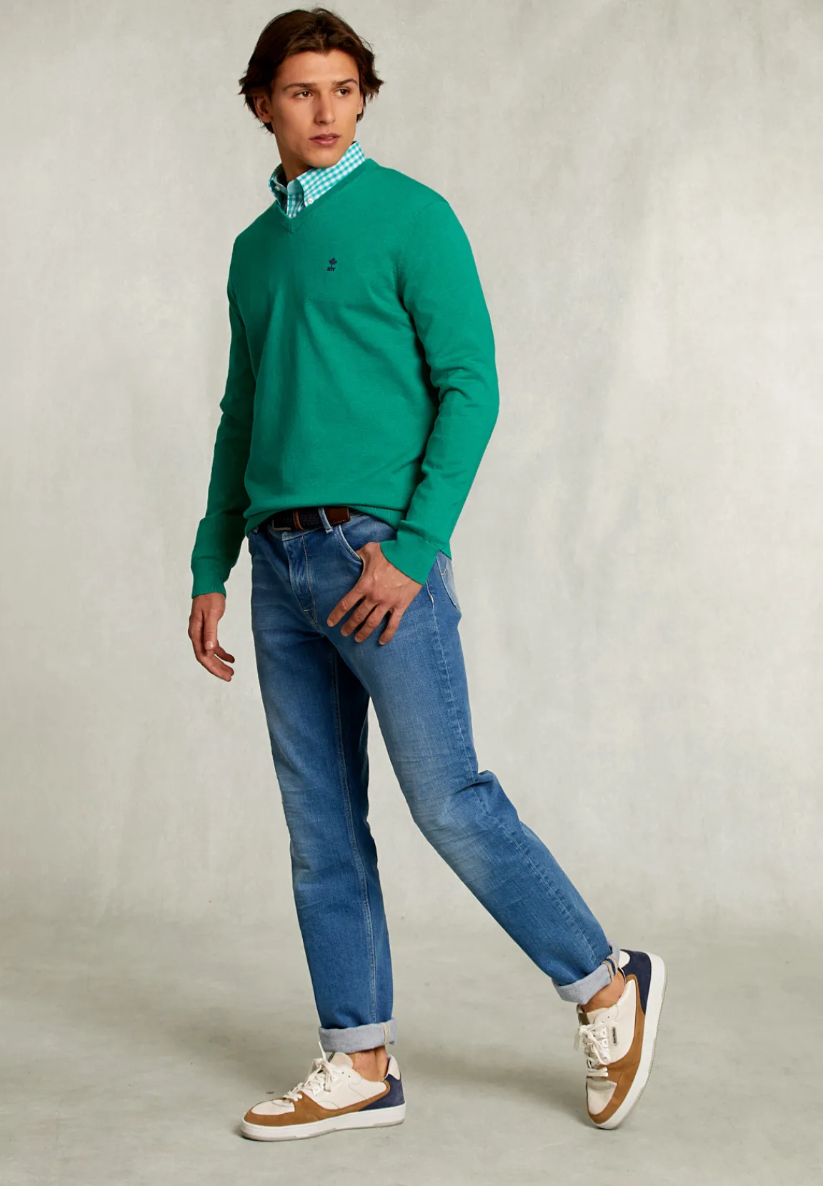Discount River Woods Normal fit basic katoenen V-hals trui green twist mix -