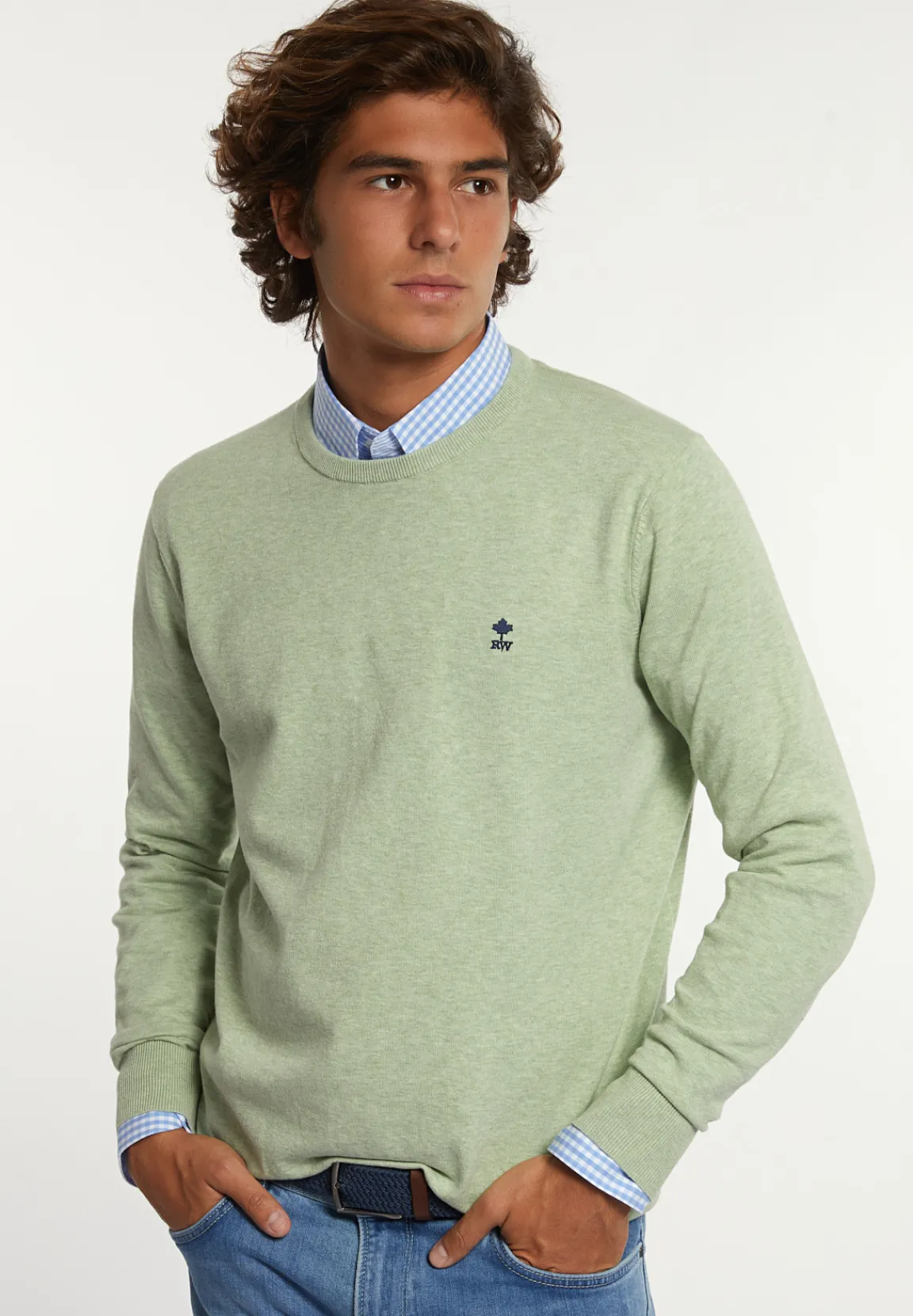 Sale River Woods Normal fit katoenen basic trui ronde hals matcha mix -