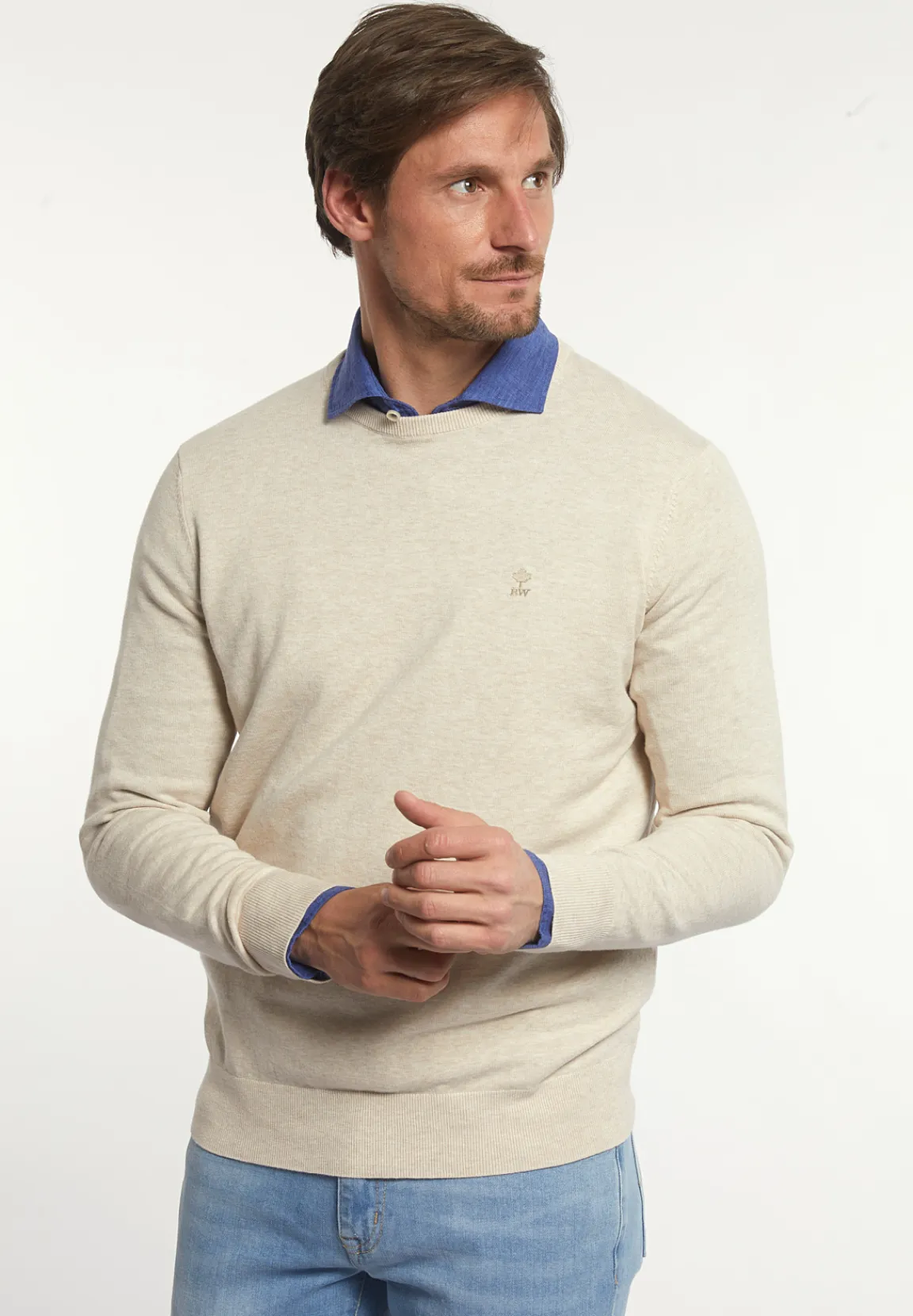 Outlet River Woods Normal fit katoenen basic trui ronde hals linen mix -