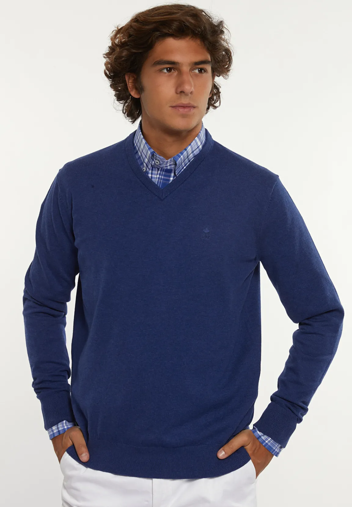 Hot River Woods Normal fit katoenen basic V-hals trui touareg blue mix -