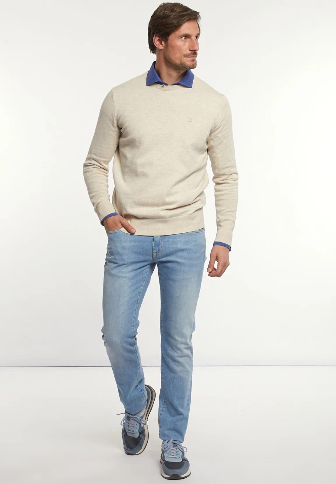 Outlet River Woods Normal fit katoenen basic trui ronde hals linen mix -