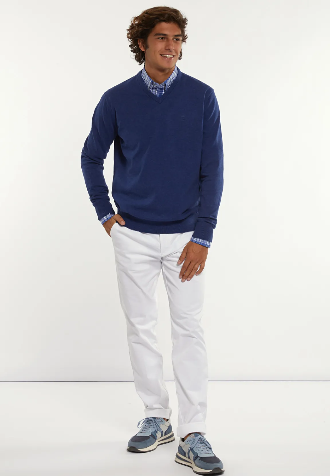 Hot River Woods Normal fit katoenen basic V-hals trui touareg blue mix -