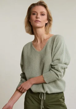 Hot River Woods Olijfgroene alpaca-zuivere scheerwol V-hals trui -