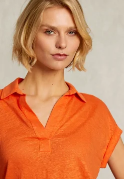 Online River Woods Oranje linnen V-hals T-shirt korte mouwen -