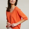 New River Woods Oranje V-hals viscose trui korte mouwen -