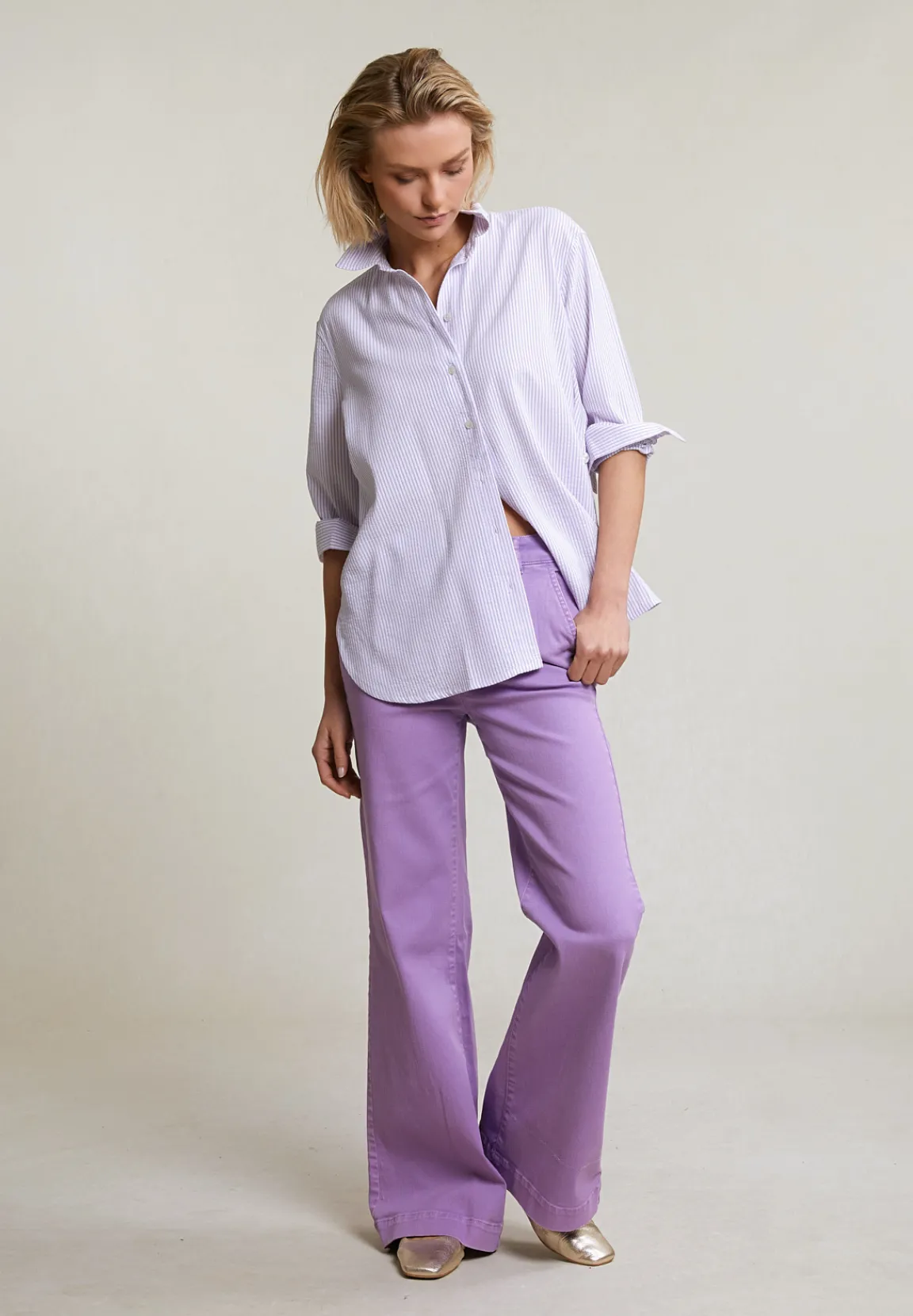 Fashion River Woods Paars/wit lange gestreepte geknoopte blouse -