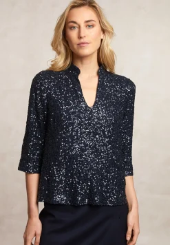 Best River Woods Pailletten V-hals blouse 3/4 mouwen navy -