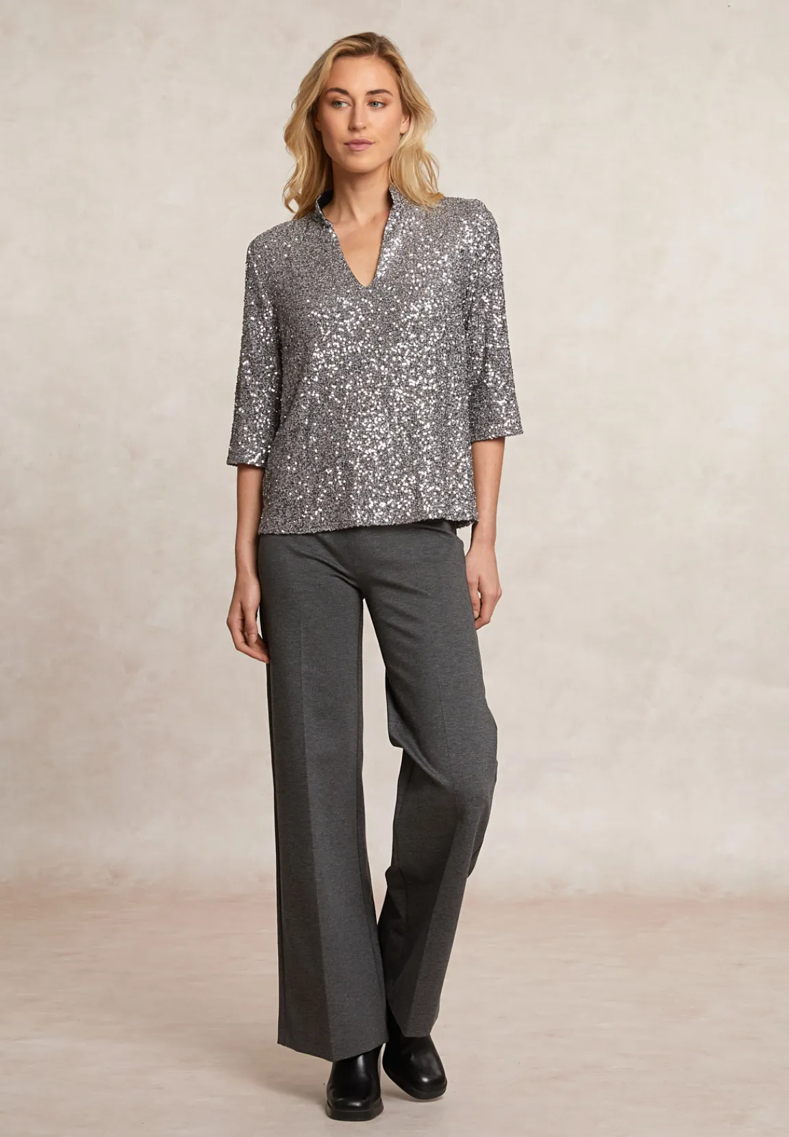 Hot River Woods Pailletten V-hals blouse 3/4 mouwen zilver -