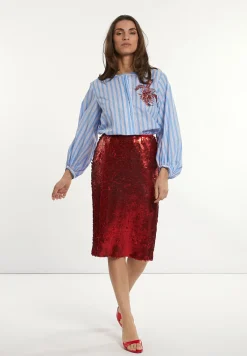 Fashion River Woods Rechte midirok met pailletten rood -