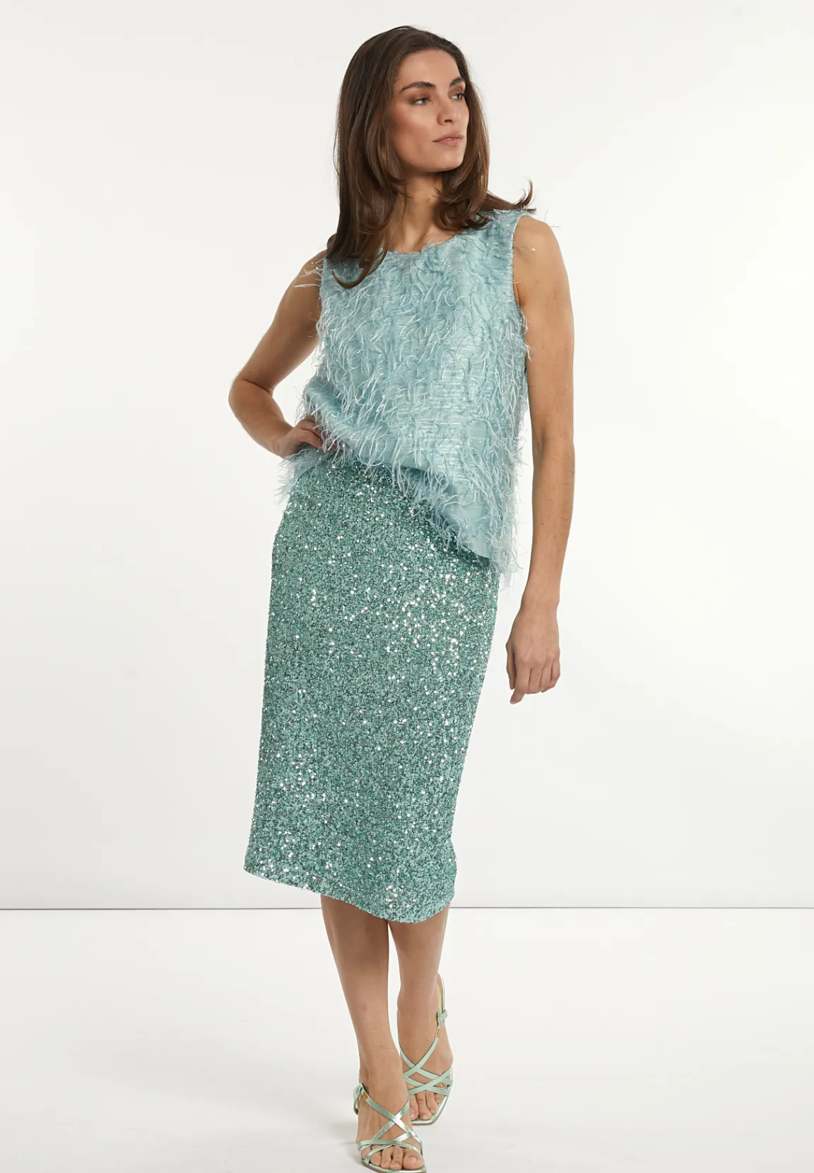 Fashion River Woods Rechte midirok met pailletten mintgroen -