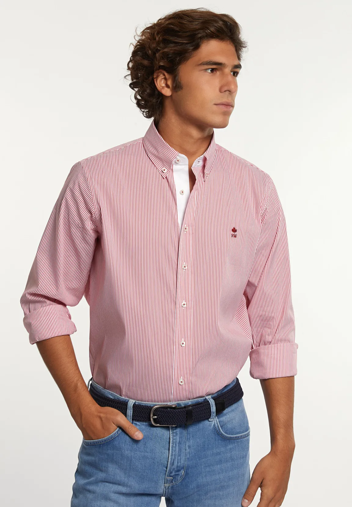 Sale River Woods Regular fit gestreept comfort stretch hemd rood/wit -