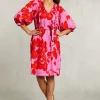 Best River Woods Rood/roze V-hals jurk 3/4 mouwen -