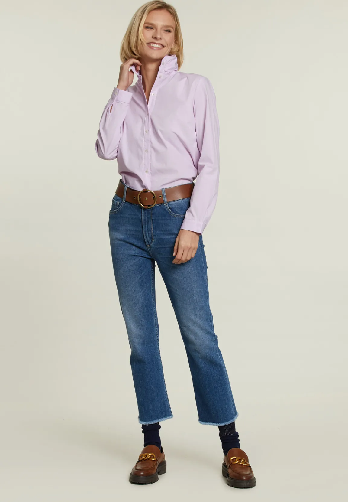 New River Woods Roze gestreepte blouse opstaande kraag -