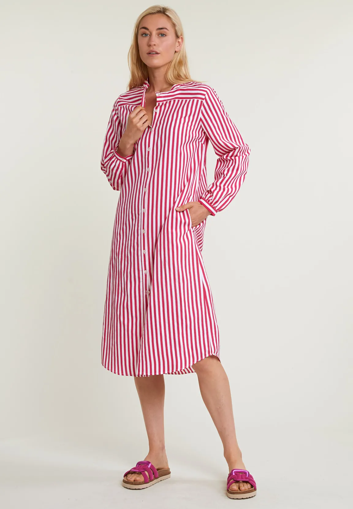 New River Woods Roze/wit gestreepte wijde jurk -
