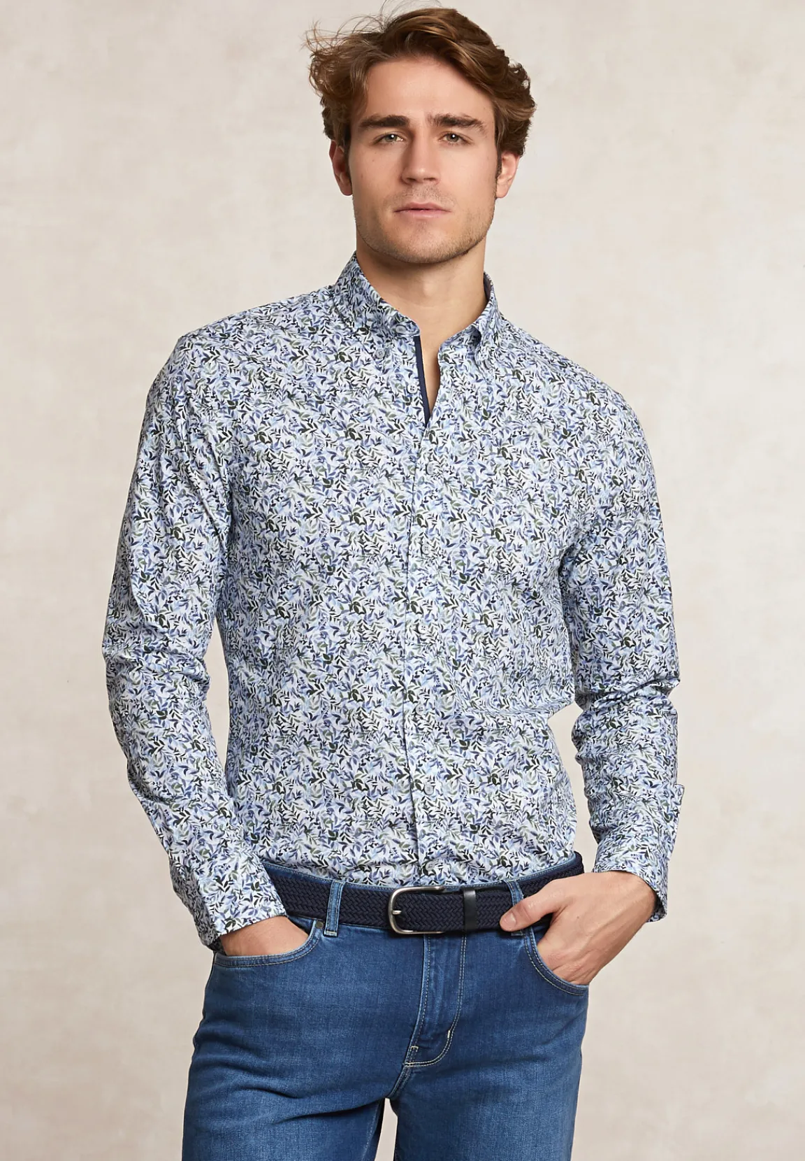 Best River Woods Slim fit comfort stretch fantasiehemd groen/blauw -