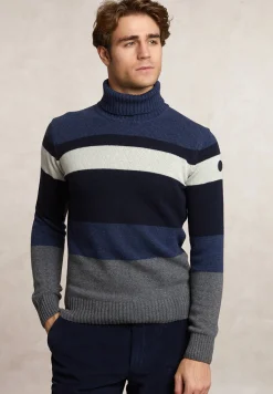 Hot River Woods Slim fit fancy gestreepte zuivere scheerwol rolkraagtrui dk denim blue mix -