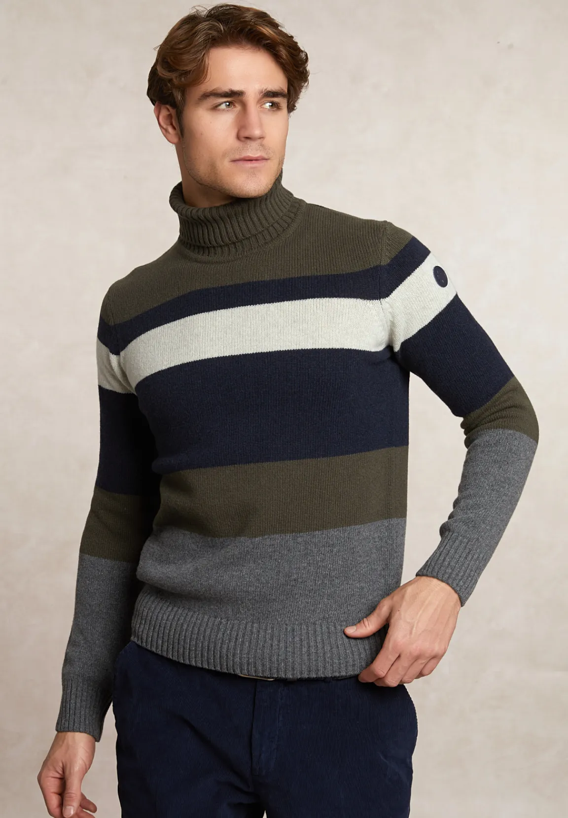 New River Woods Slim fit fancy gestreepte zuivere scheerwol rolkraagtrui olive mix -