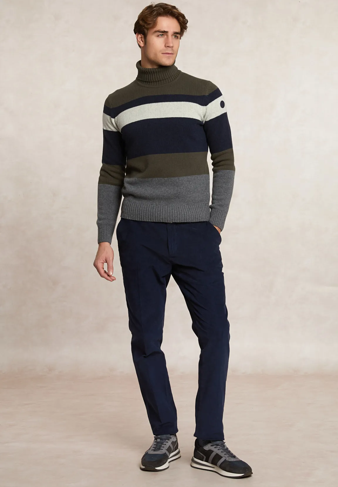 New River Woods Slim fit fancy gestreepte zuivere scheerwol rolkraagtrui olive mix -