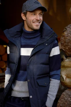 Hot River Woods Slim fit fancy gestreepte zuivere scheerwol rolkraagtrui dk denim blue mix -