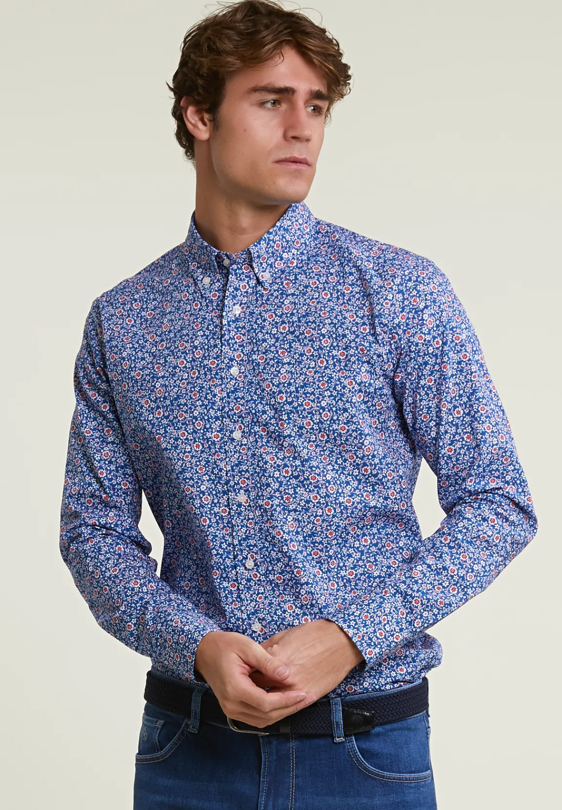 Outlet River Woods Slim fit gebloemd hemd blauw/rood -