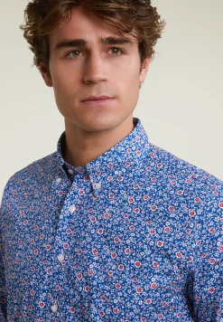 Outlet River Woods Slim fit gebloemd hemd blauw/rood -