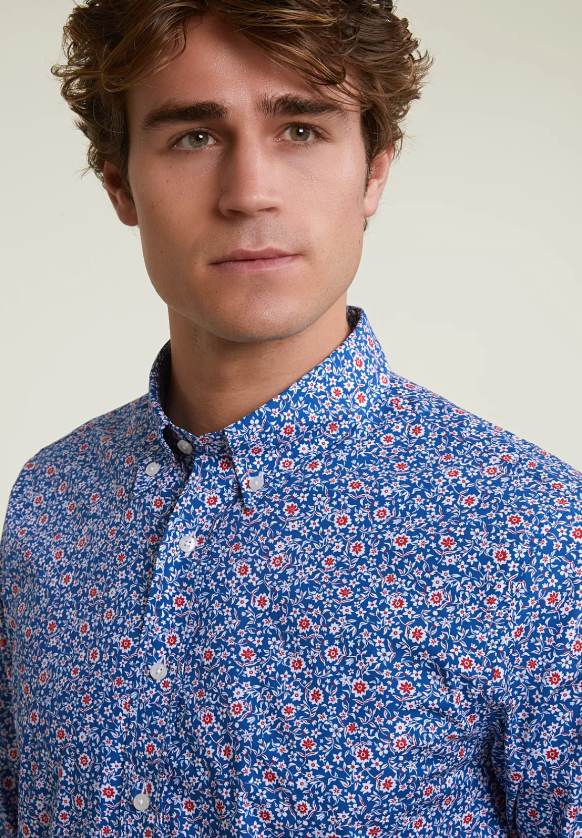 Outlet River Woods Slim fit gebloemd hemd blauw/rood -