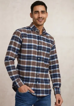 Clearance River Woods Slim fit geruit flanellen hemd blauw/bruin -