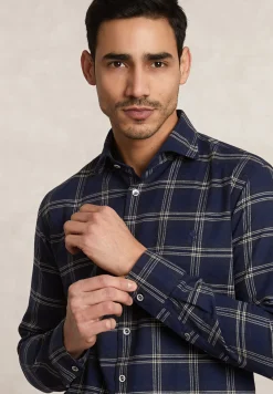 Best River Woods Slim fit geruit flanellen hemd blauw/beige -