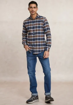 Clearance River Woods Slim fit geruit flanellen hemd blauw/bruin -