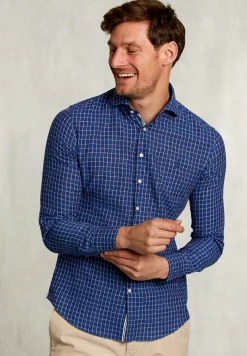 Best River Woods Slim fit geruit linnen hemd blauw/wit -