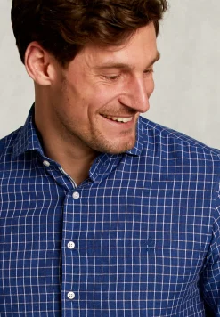 Best River Woods Slim fit geruit linnen hemd blauw/wit -