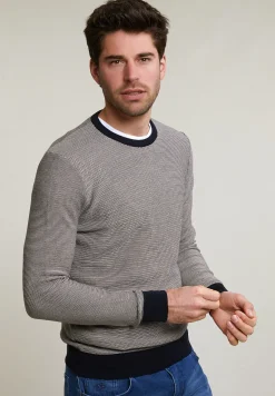 New River Woods Slim fit gestipte pima katoen trui ronde hals navy -