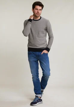 New River Woods Slim fit gestipte pima katoen trui ronde hals navy -
