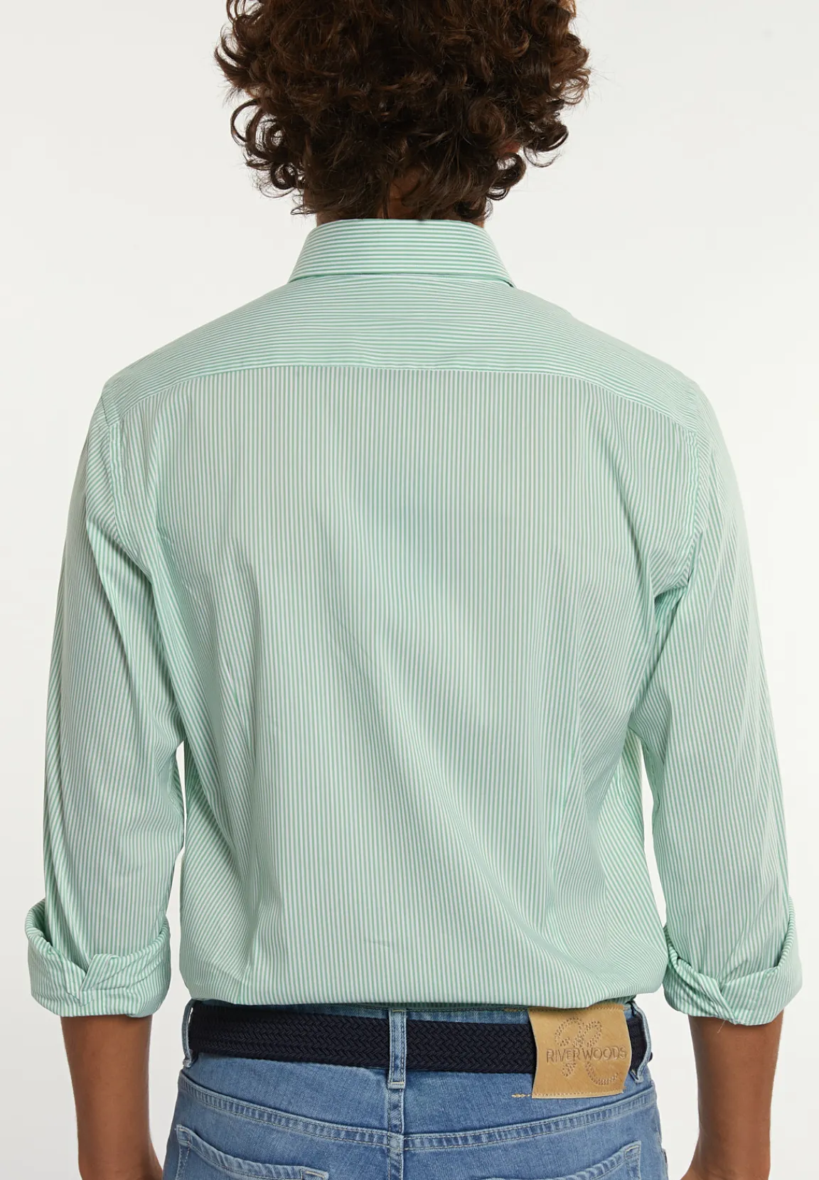 Best River Woods Slim fit gestreept comfort stretch hemd groen/wit -