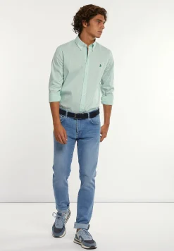 Best River Woods Slim fit gestreept comfort stretch hemd groen/wit -