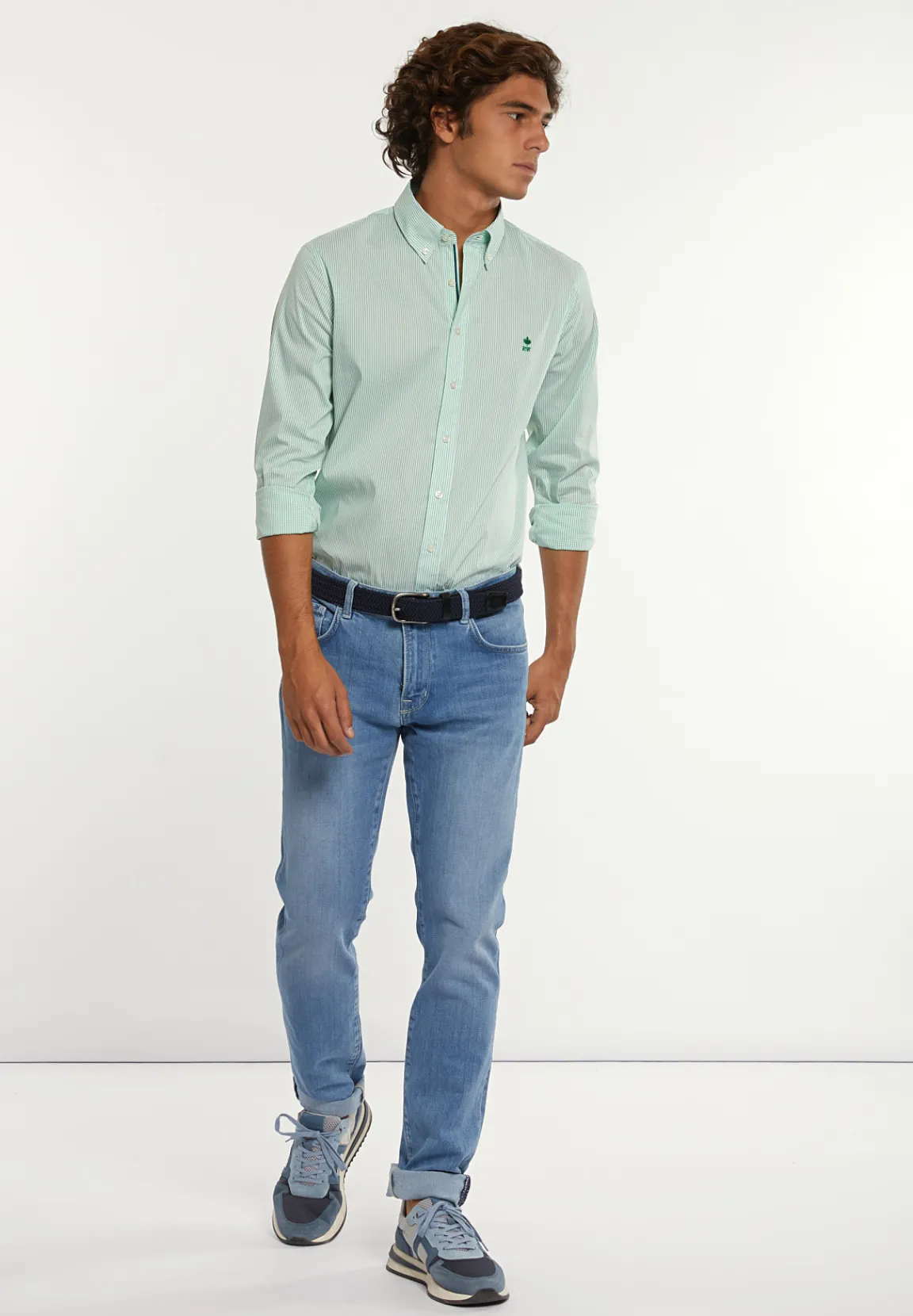 Best River Woods Slim fit gestreept comfort stretch hemd groen/wit -